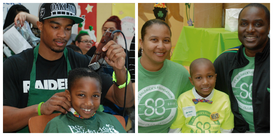 Harlem and his parents at the Oakland Children's Hospital head-shaving event