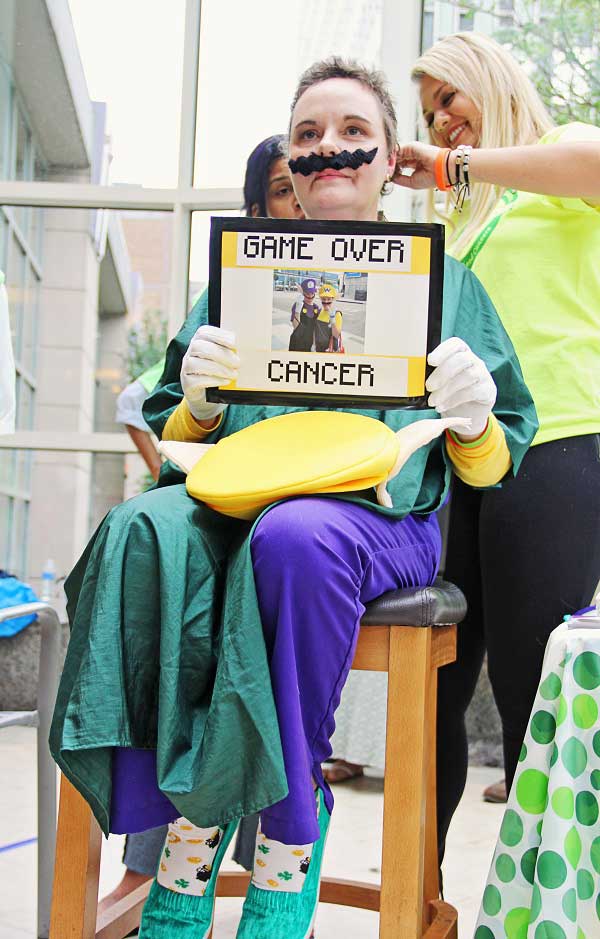 Kris Doyle in Wario costume shaving at 46 Mommas Shave for the Brave