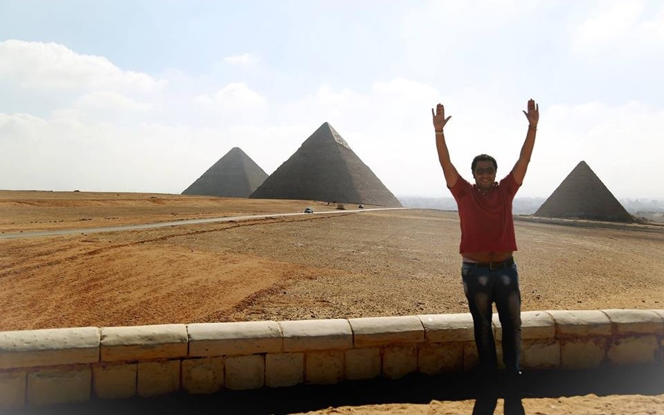 Hands up at the Pyramids of Giza