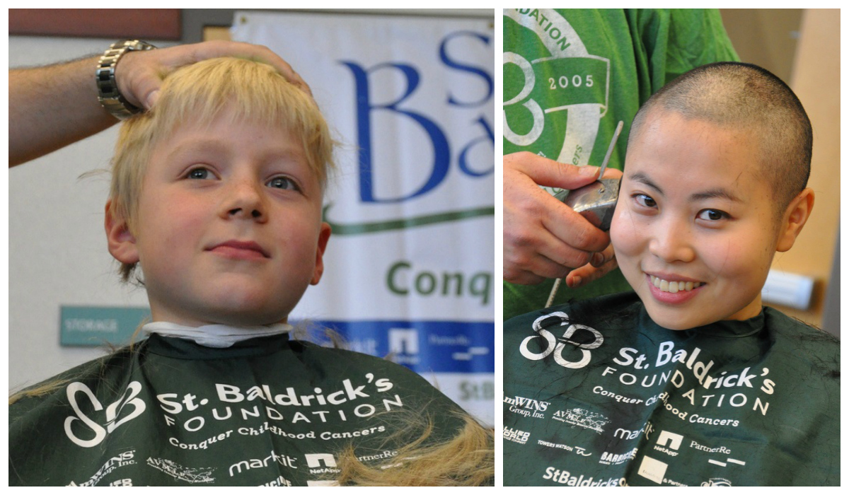 Boy and woman shaving their heads