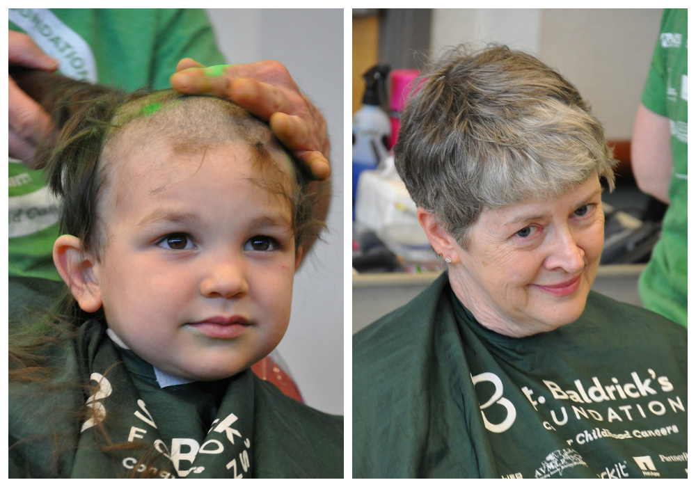 Young boy and elder woman shaving their heads