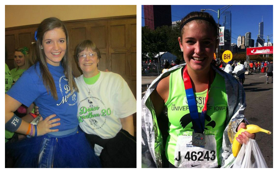 Jessica at a Dance Marathon event and after running the Chicago Marathon to benefit children with cancer