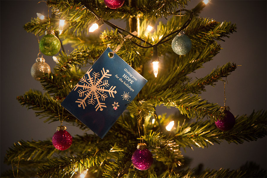 Mini holiday card hanging on a Christmas tree