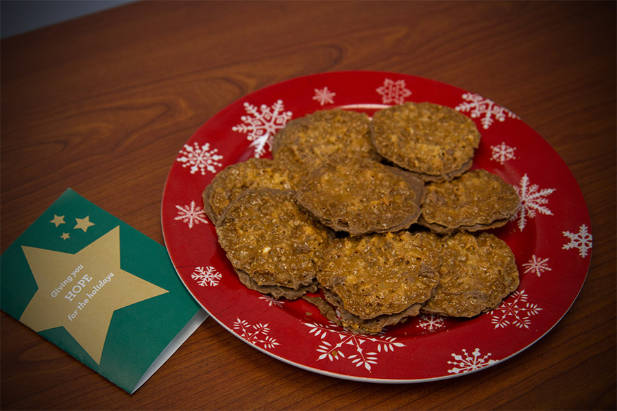 Plate of cookies with mini St. Baldrick's holiday card