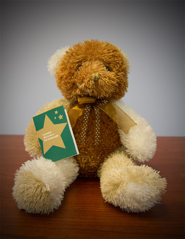 Teddy bear holding mini St. Baldrick's holiday card