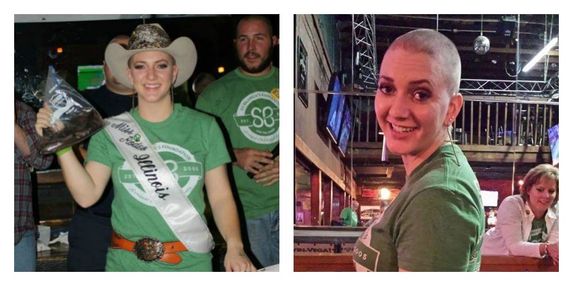 Katie Perry, Miss Rodeo Illinois 2014, holding her hair after she shaved for St. Baldrick's.