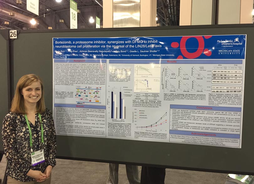 St. Baldrick's Summer Fellow Maria Rich stands with her poster at the American Association for Cancer Researchers conference.