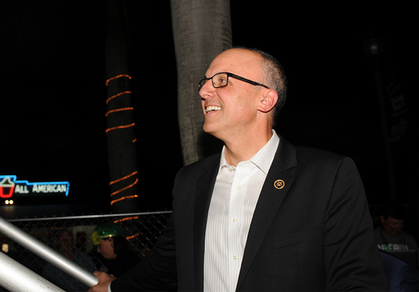 Congressman Ted Deutch walks on stage at the Delray Beach St. Baldrick's event