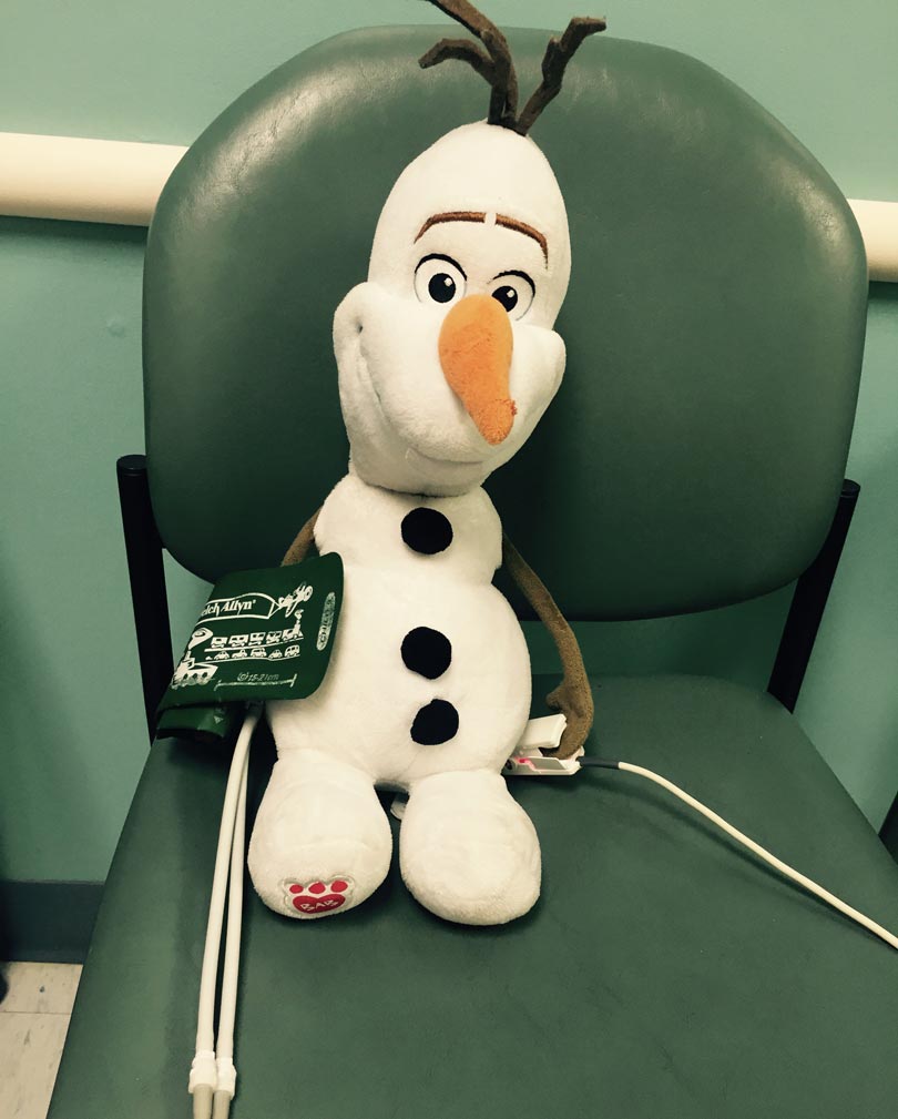 Stuffed Olaf sporting a blood pressure cuff