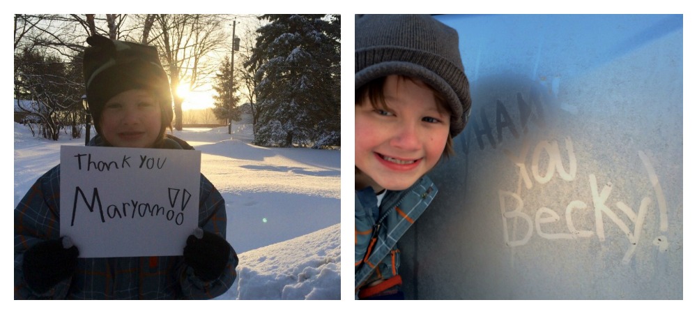 Bryce writes thank you in frost and on a sign outside in the snow