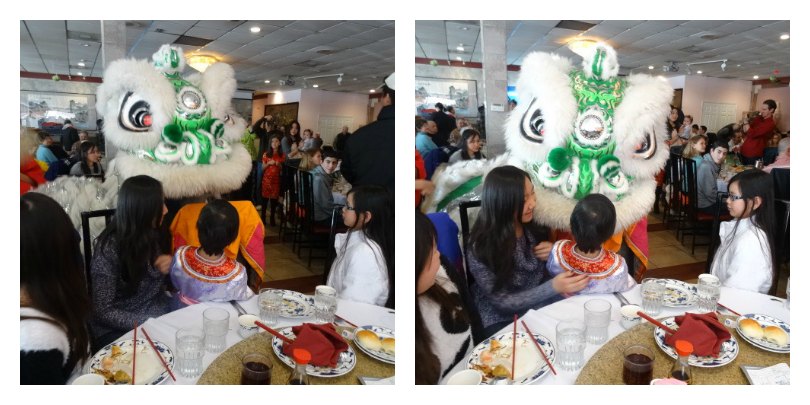 Daisy enjoyed seeing the lion dancers at the restaurant.