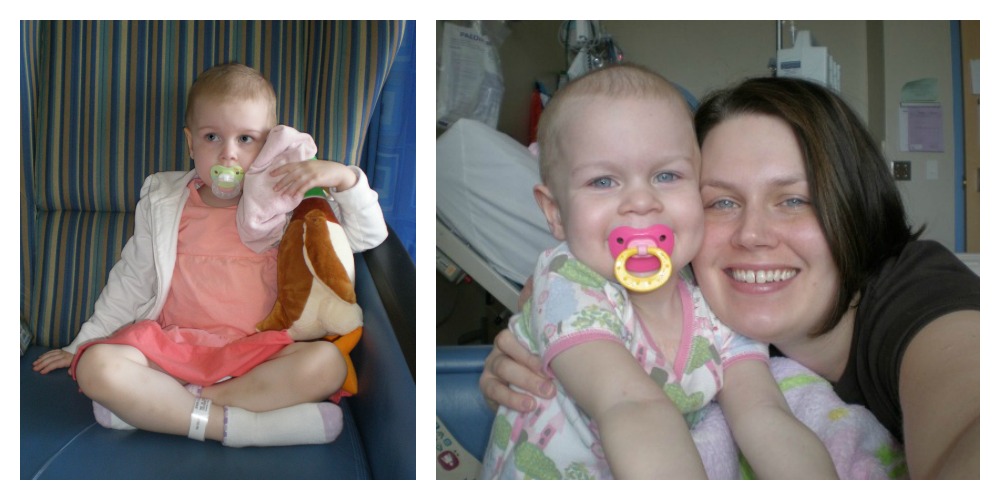 Ellie with her mom in the hospital while Ellie was in treatment for childhood cancer