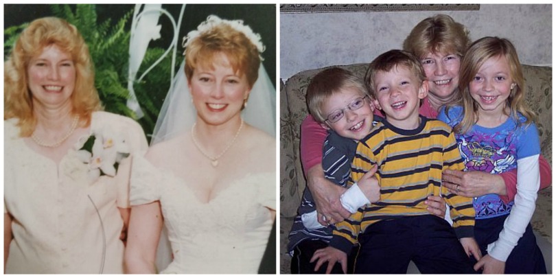 Photo collage: Lori's mother with her grandchildren, and Lori and her mother during Lori's wedding.