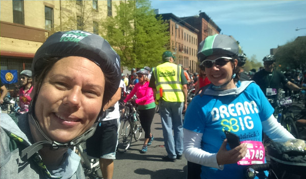 Susan and Jane smile for the camera at the start of this year's Five Boro Bike Tour