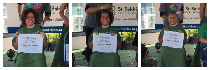 A collage of Lily going under the clippers at a St. Baldrick's event