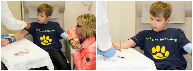 Collage of Chase getting more needles