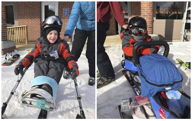 Kellan on his adapted skis