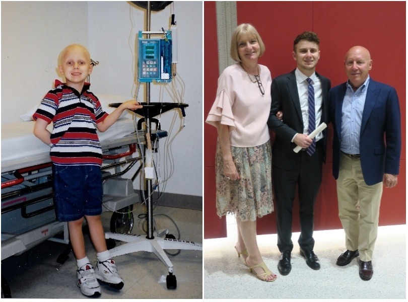 collage of Sean during treatment and at graduation