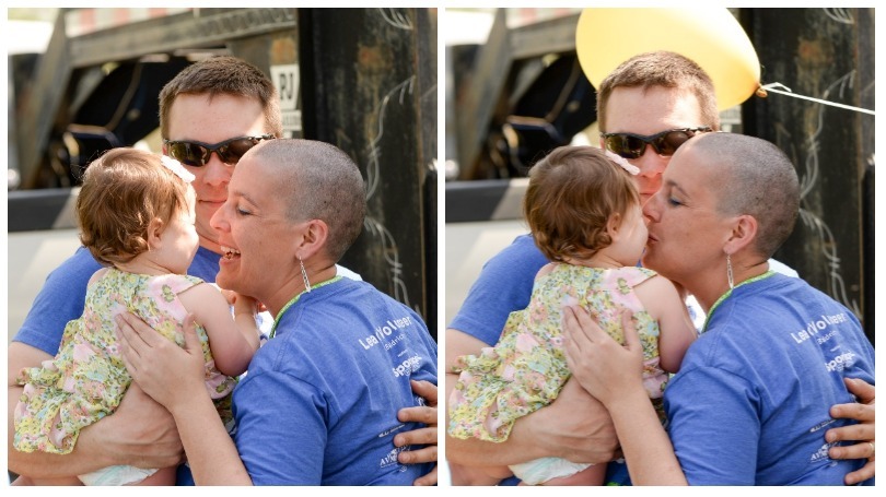 Rebecca Morrow kisses her daughter after shaving